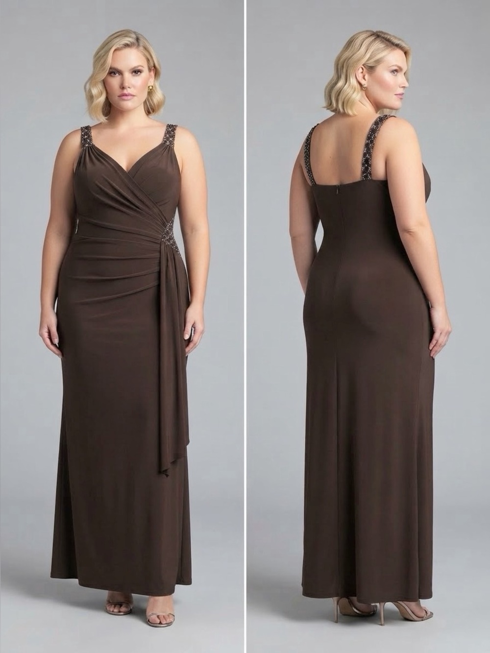 NWT WOMEN PLUS SIZE FORMAL A-LINE LONG WRAP DRESS EMBELLISHED SURPLICE NECK GOWN
